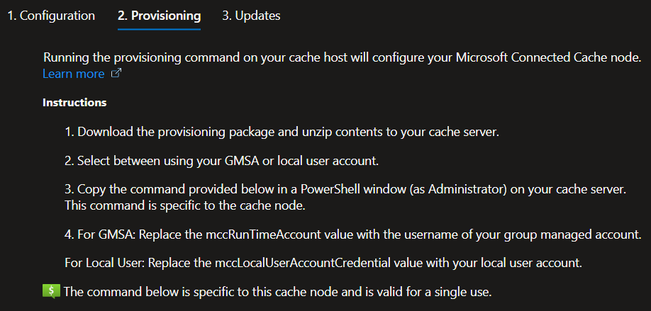 Screenshot of provisioning script instructions in Azure portal