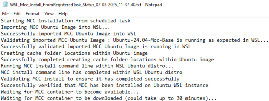 Screenshot of installation log